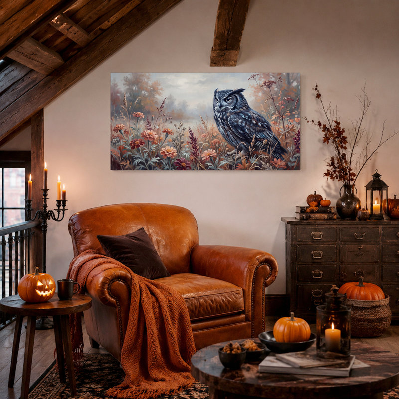 Tableau sur toile représentant un hibou perché dans des fleurs sauvages d'automne, idéal pour l'Halloween, 58“W x 28”H