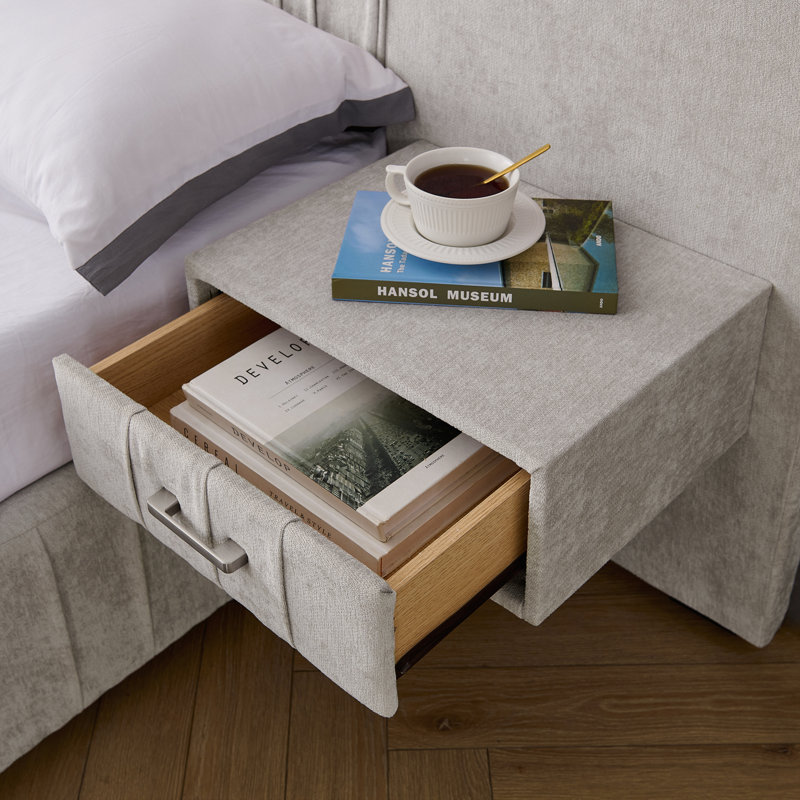 Très grande base de lit tapissier en chenille avec table de chevet intégrée et lampe réglable, Beige, Très grand