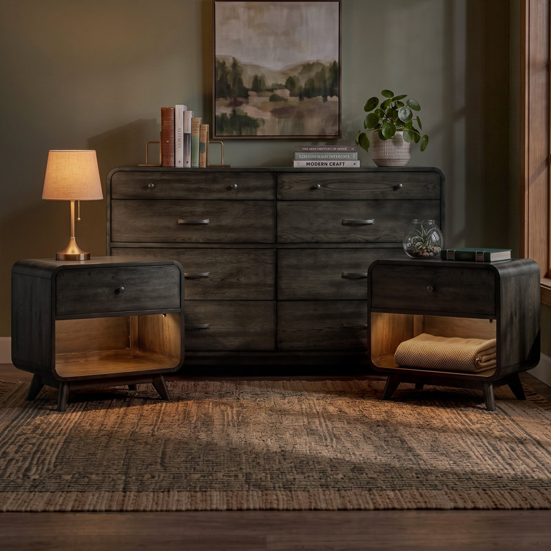 Ensemble table de chevet et commode 3 pièces Marlowe en bois massif avec éclairage DEL, 3 Pcs: Dresser, 2 Nightstands