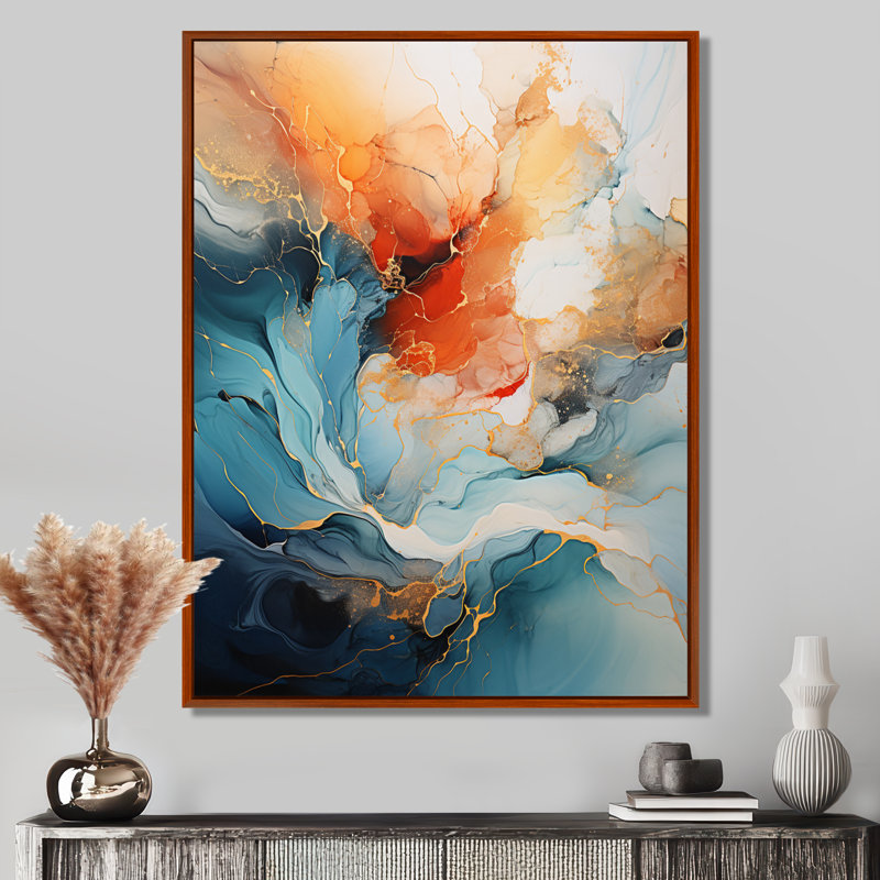 Teal Orange Bold Abstract Flow Collage II - Dams, impressions encadrées, H 32 po x l 24 po, Reproduction avec cadre flottant