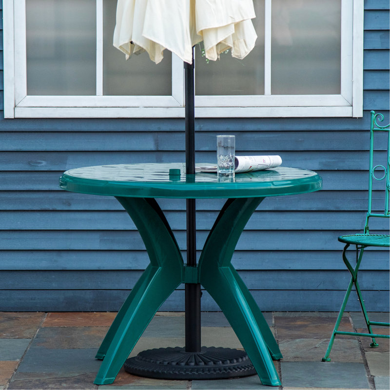 Outsunny 36.25" Dia Round Plastic Patio Table with Umbrella Hole, Outdoor Bistro Dining Table, for Bar, Garden, Backyard, Poolside, Yard, Green