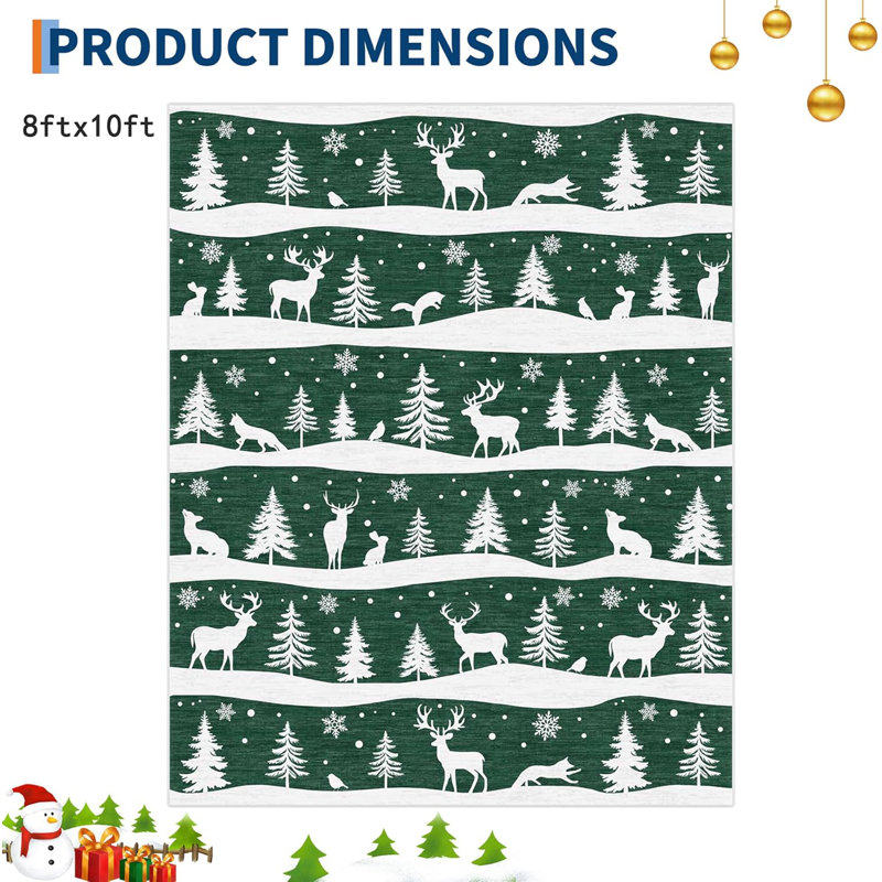Tapis lavable antidérapant de Noël avec arbre et renne, Rectangulaire 8 pi x 10 pi