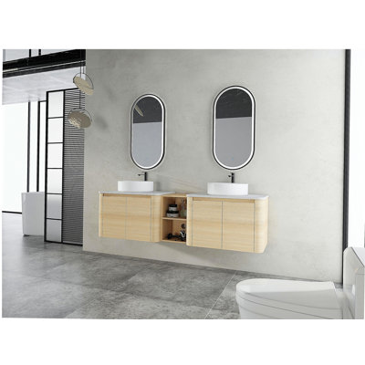 72'' Wall-Mounted Bathroom Vanity With Ceramic Art Sink, and 1-Storage Shelves, 4-Soft-Close Door, KD-Packing, Plywood