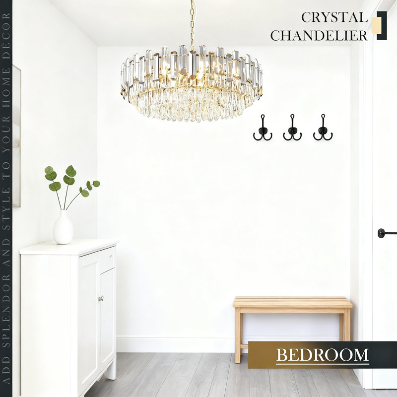 Lustre en cristal à 3 niveaux avec 12 lumières, luminaire suspendu moderne à finition dorée pour salle à manger, salon, vestibule, à intensité variable avec réglage de la hauteur