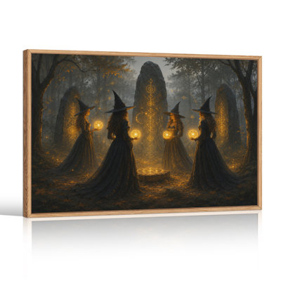 Quatre sorcières tenant des orbes brillants dans une forêt d'Halloween, art mural sur toile