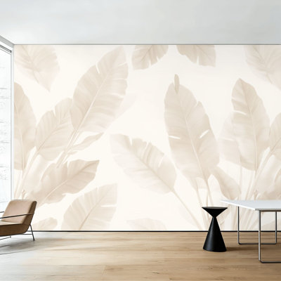 Beige Peel and Stick Wallpaper Botanical Banana Leaves Beige Tones Wall Murals 100"H x 144"W Removable PVC Wall Paper Self-Adhesive Wall Decor for Bedroom Living Room Home Office