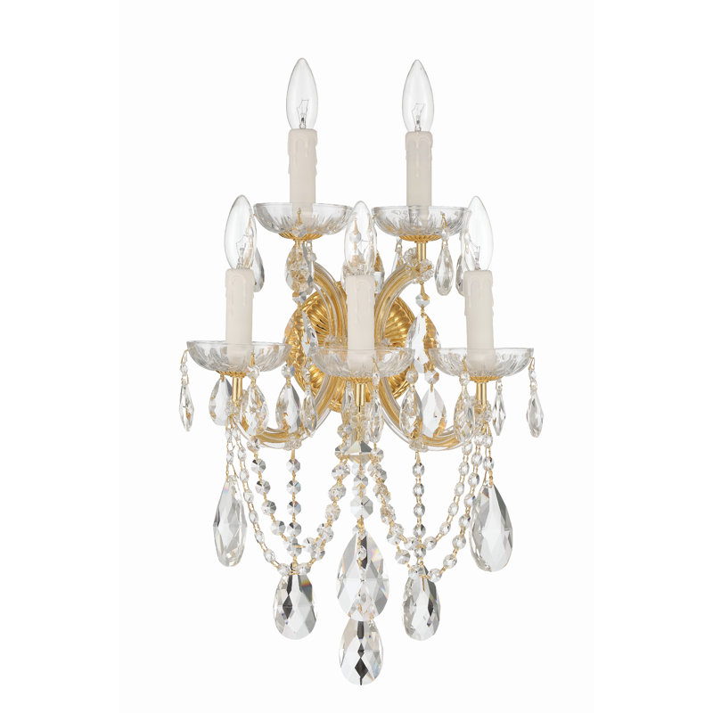 Bohemian 5 Light Crystal Candle Wall Sconce, Gold, Majestic Wood Polished