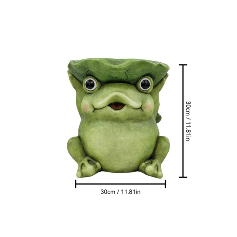 Adorable statuette de grenouille coiffée d'un chapeau en feuille de lotus, figurine décorative animal de dessin animé, sculpture ornementale pour jardin extérieur, porche, pelouse, terrasse, allée.