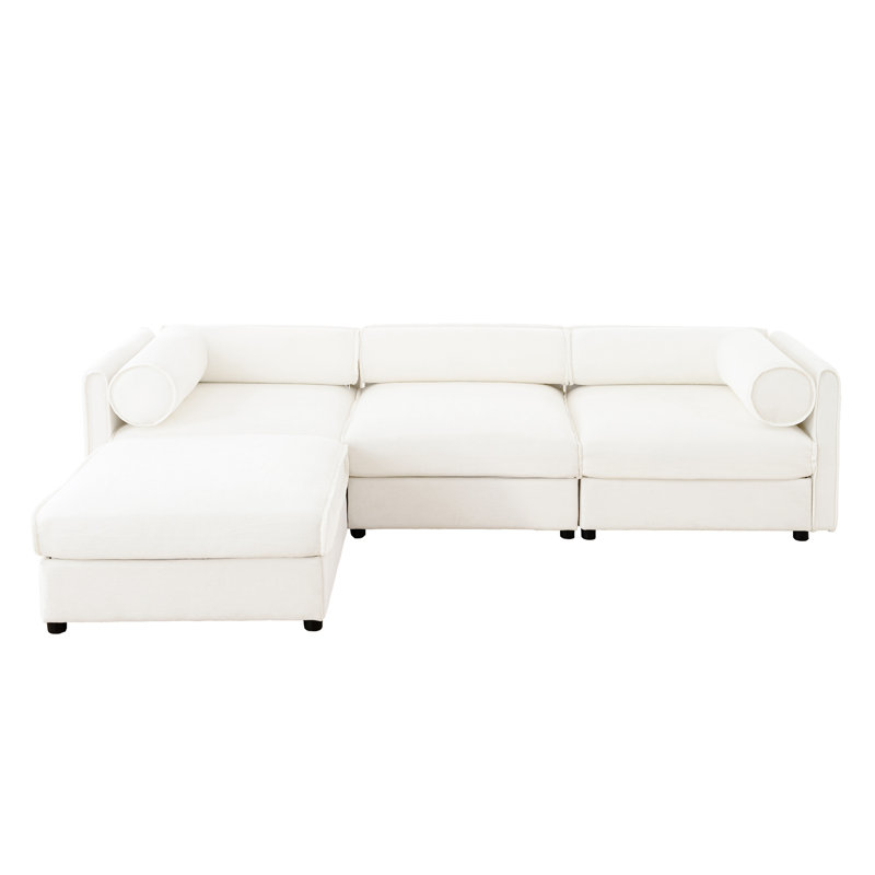 Élégant canapé en chenille blanche avec siège de rangement et repose-pieds, dossier cylindrique en forme de L à 3 places et accoudoirs, canapé contemporain en tissu à 3 places avec compartiment de rangement caché
