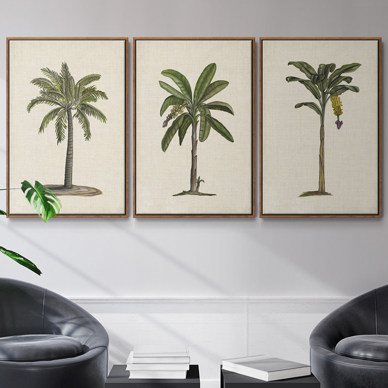 Ensemble de 3 palmiers UK CH AU U CH encadrés sur toile, Noyer, H 40 po x l 78 po