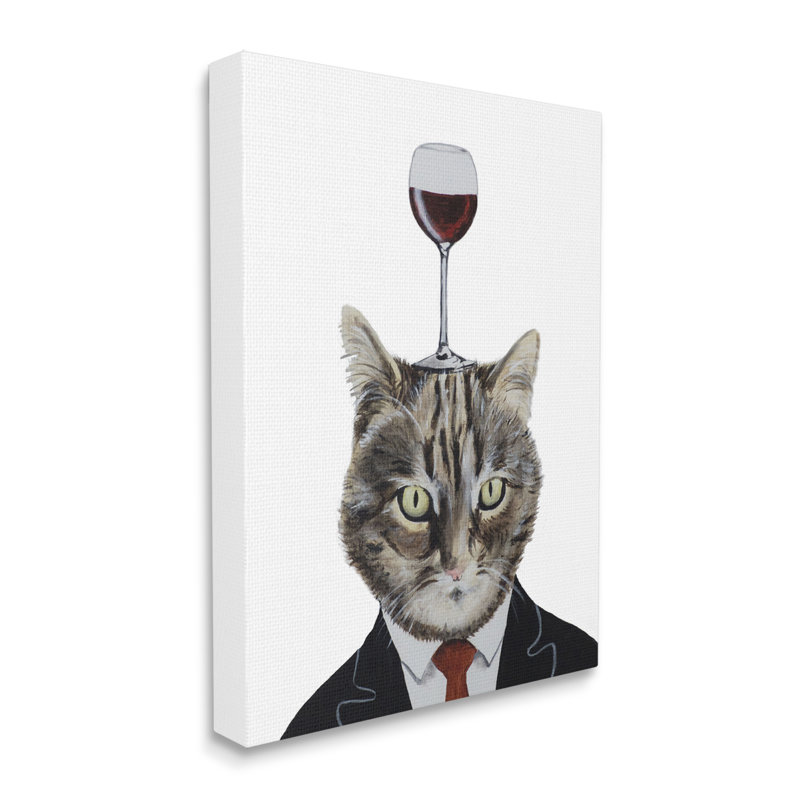 Chat dans un verre à vin - peinture sur toile tendue, H 20 po x l 16 po x P 1,5 po