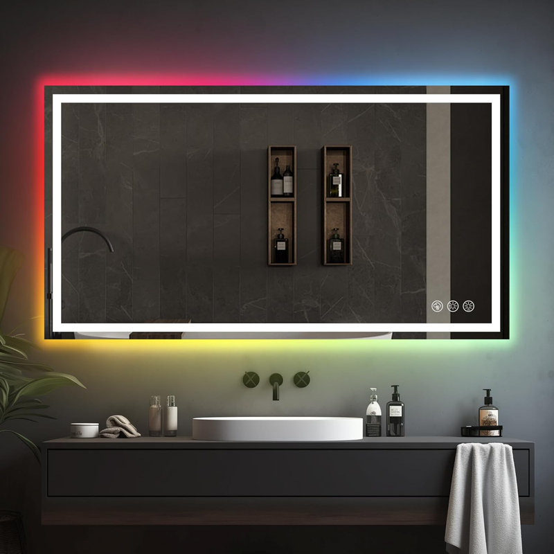  Miroir de salle de bain à DEL avec 8 lumières RVB rétroéclairées et 3 couleurs à l'avant, fonction mémoire, antibuée, éclairage à intensité variable