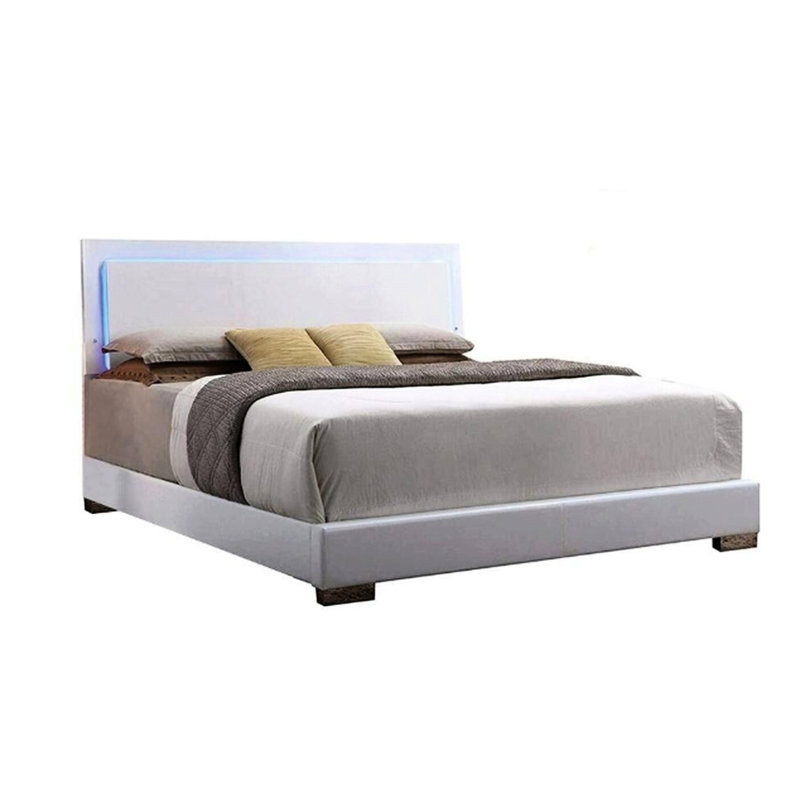 Grand lit avec éclairage à DEL, cuir synthétique blanc, pieds droits, tête de lit et rails rembourrés ultrabrillants, profil bas, sommier tapissier à 3 lattes, capacité de charge de 660 lb, 85 po