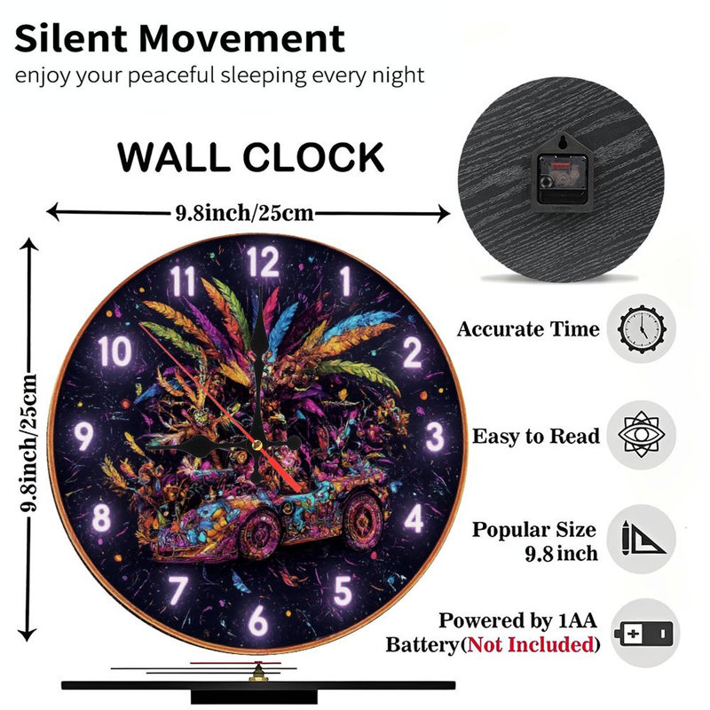 Horloge avec voiture à plumes psychédélique