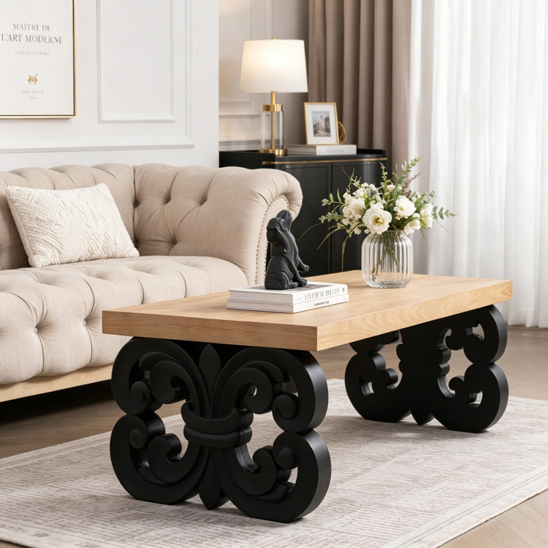 47" Rectangular Wood Scroll Base Coffee Table, Natural+black