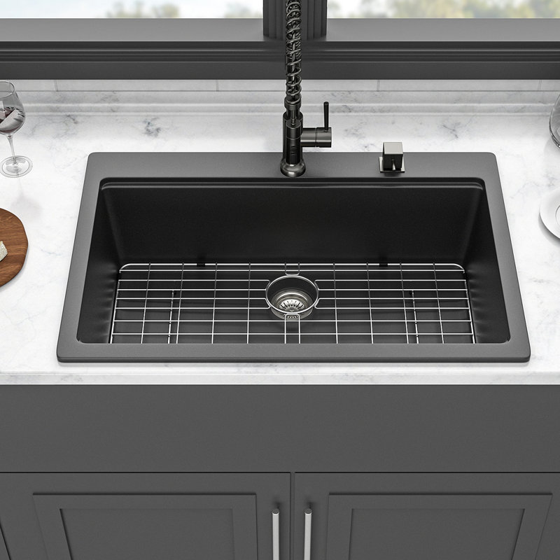 Quartz Kitchen Sink - 33X22" Black Granite Composite Workstation Drop-In Kitchen Sink