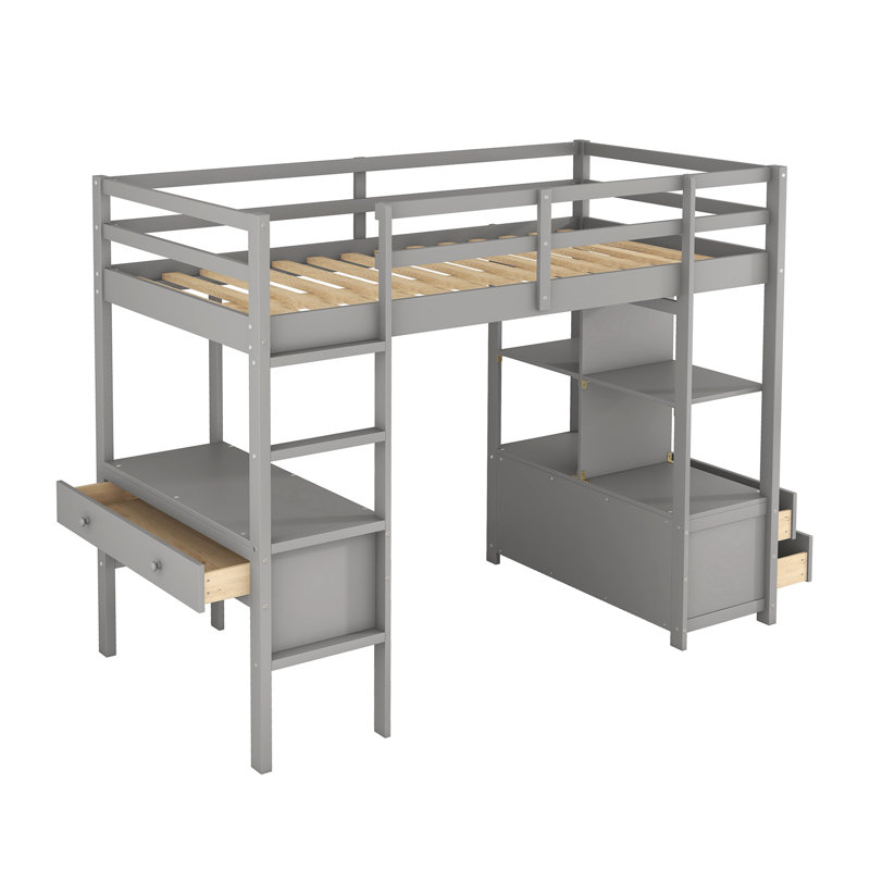 Erjon Kids Loft Bed with Drawers, Gray, Twin