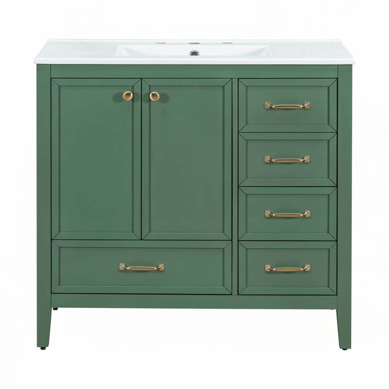 Meuble-lavabo 36 po avec lavabo en céramique 36 po, 4 tiroirs, Vert