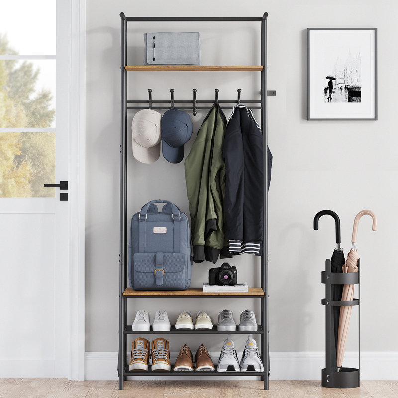 Portemanteau, portemanteau avec banc et rangement pour chaussures, banc d'entrée avec portemanteau, 5 crochets et 3 rangements de chaussures, structure en métal pour le vestibule, le couloir, la porte d'entrée, brun rustique