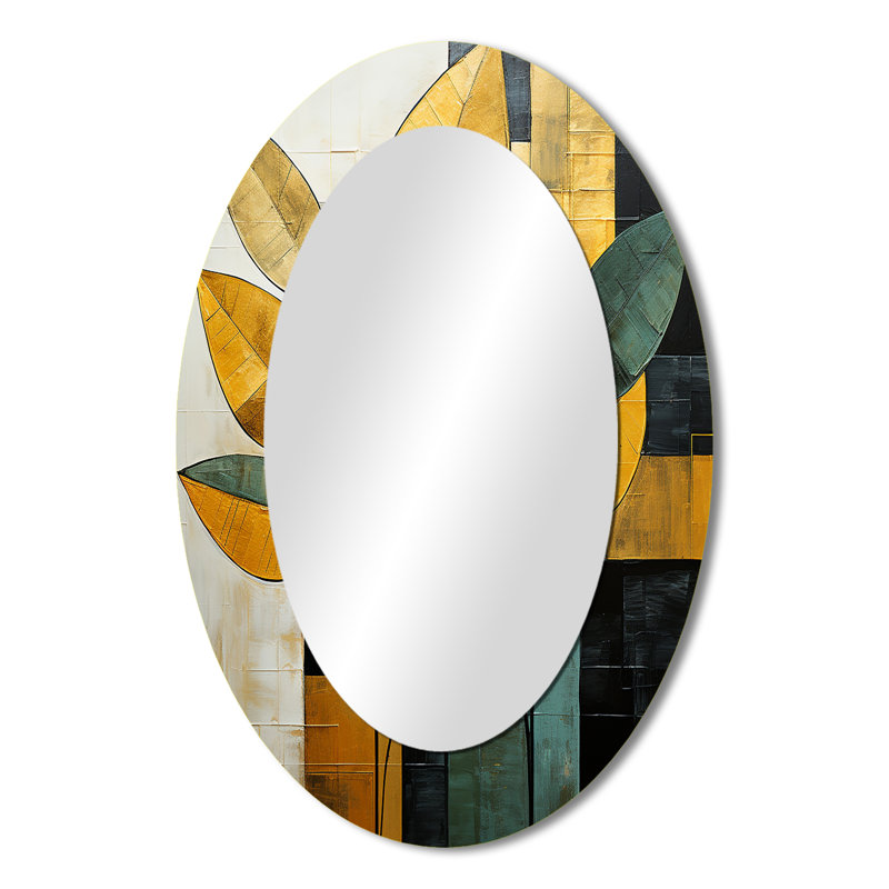 Feuilles géométriques dorées - grand miroir mural ovale sur métal, 36 po x 24 po