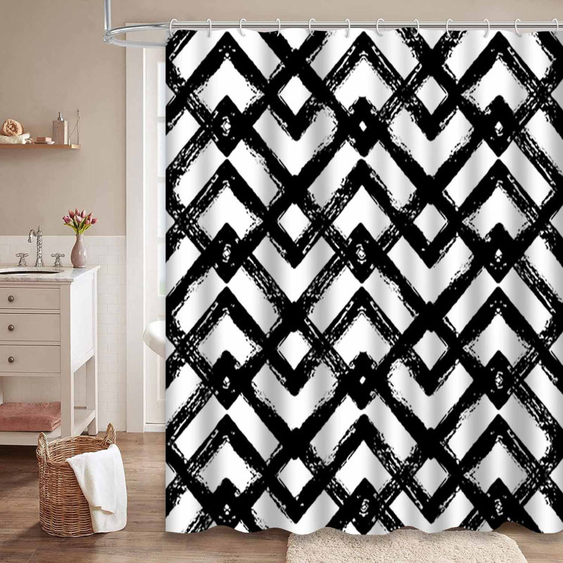 Rideau de douche à encre noire et zigzag avec 12 crochets, L 72 po x l 78 po