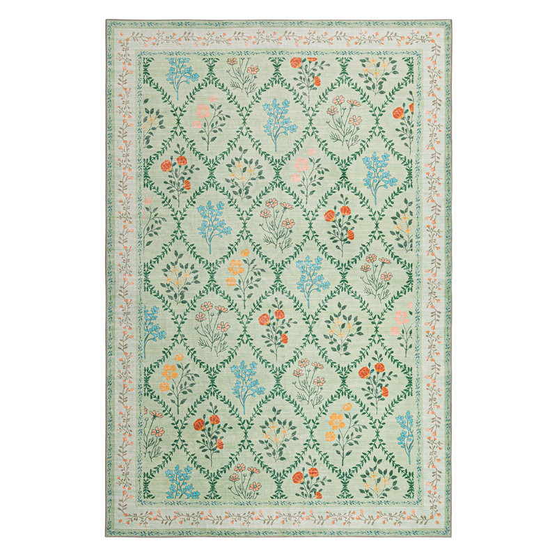 Moroccan Bloom Floral Machine Washable Living Room Area Rug, Rectangle 6' x 9'