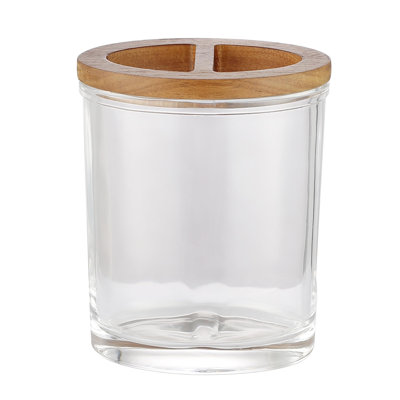 Porte-brosse à dents en verre épais et surdimensionné H Halston avec accent en bois d'acacia, assez grand pour les brosses à dents électriques, organisateur pour salle de bain, cuisine, bureau, rangement à domicile