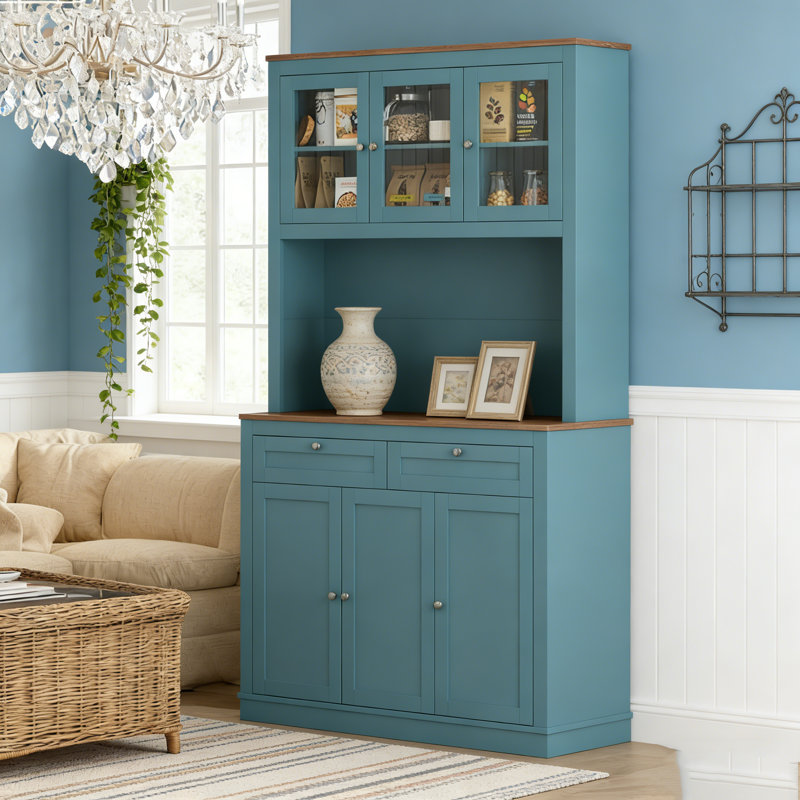Armoire de cuisine pratique avec support pour micro-ondes, tablettes réglables, tiroirs et portes en verre pour des solutions de rangement modernes.