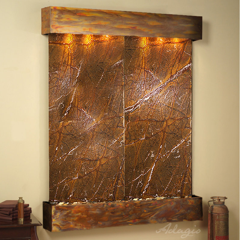 Majestic River Natural Stone Fountain with Light, Rainforest Brown Marble, Rustic Copper