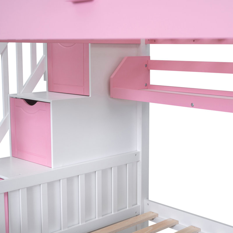 Lit superposé de style château double avec 2 tiroirs, 3 tablettes et glissière - rose, Lit superposé double sur double, Rose