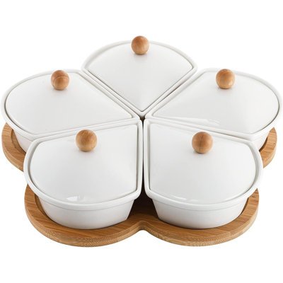 Ceramic Divided Serving Dishes with Lids and Bamboo Platter, 5 Removable Dipping Bowls Relish Tray Nuts Dishes for Appetizer, Chips, Fruits, Candy, Condiment
