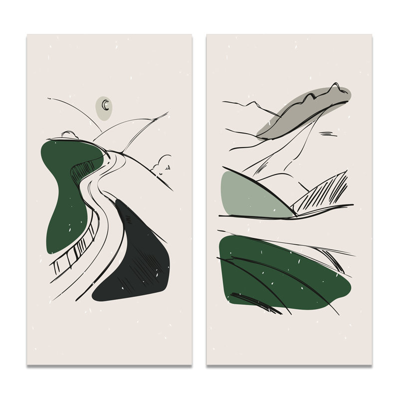 «Green Retro Landscape Panoramas I», ensemble de 2 impressions, H 40 po x l 40 po x P 1,5 po, Toile tendue