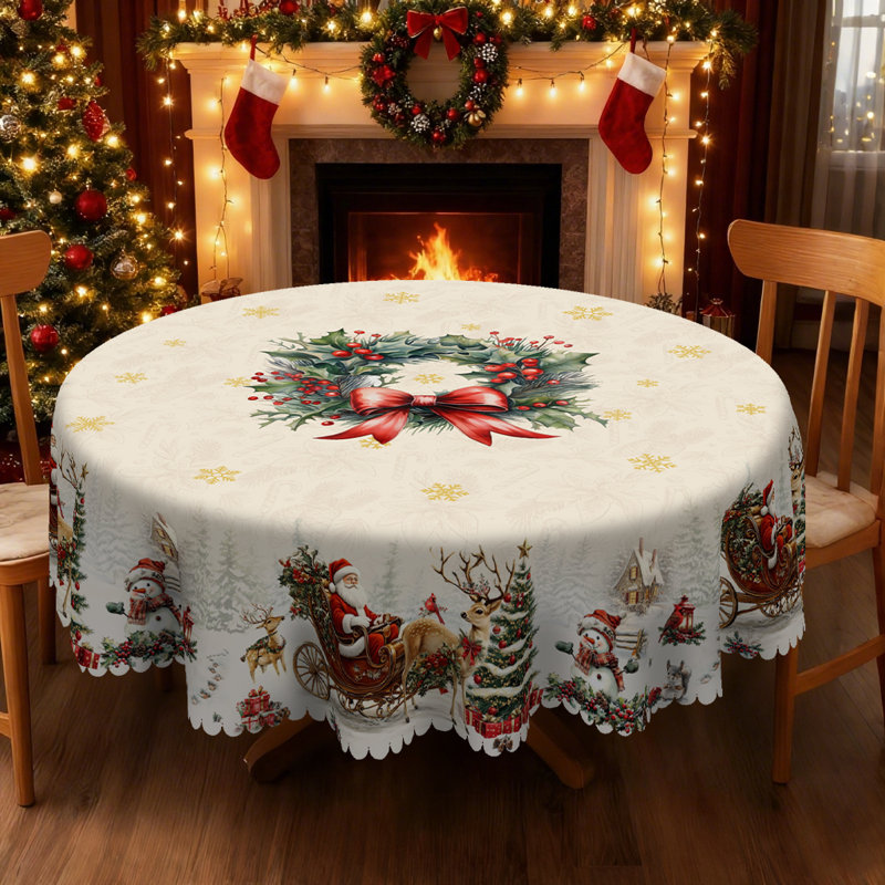 1pc round/rectangular polyester Edelen, Christmas Edelen with pine, snowman, truck, embosed edge, Christmas decorations for dining table, festival party holiday table decoration, perfect festival gift