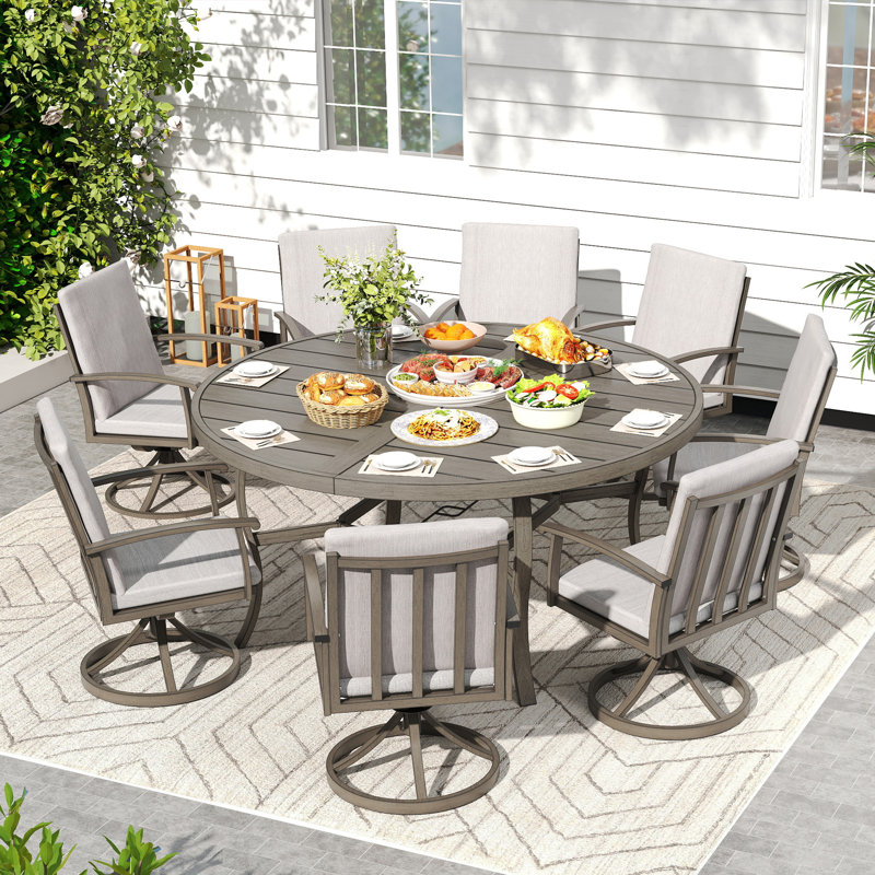 Moffett 9-Piece Gray Aluminum Patio Dining Set With 8 Swivel Dining Chairs And Washable Light Gray Cushions, 8