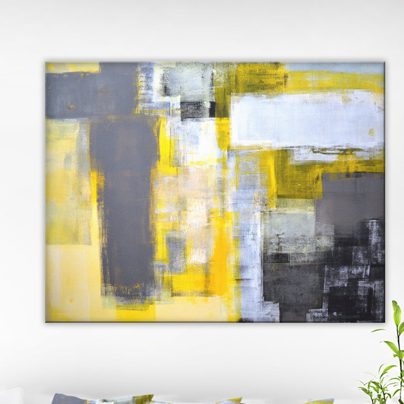 Art abstrait sur toile abstraite, impression moderne flou jaune et gris - Abstrait flou gris et jaune, Toile tendue