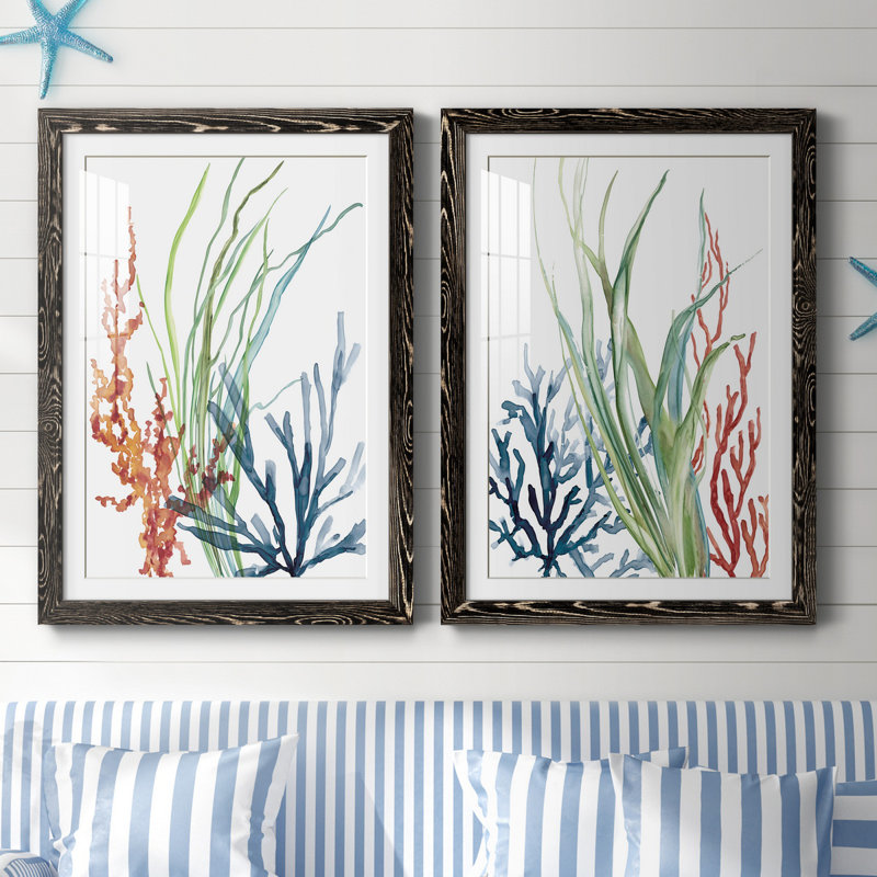 Océan jardin I - ensemble de 2 reproductions d'art, Impression encadrée avec passe-partout, H 31,5 po x l 23,5 po, Noyer
