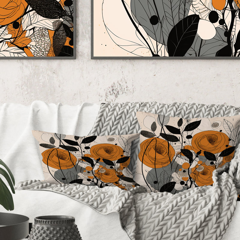 Illustration rétro de roses terracotta III - Coussin décoratif à imprimé abstrait botanique