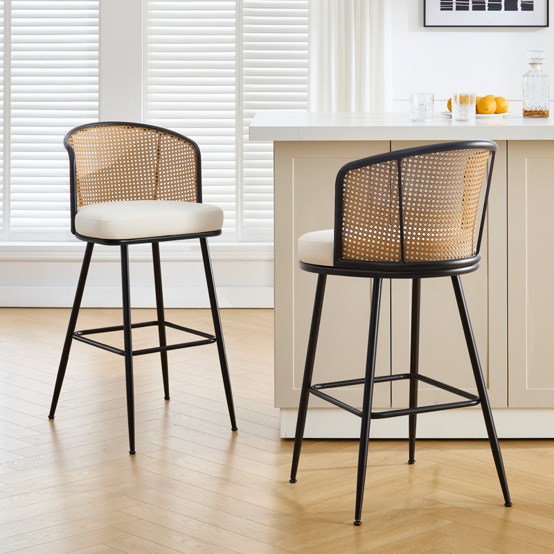 Cane Back Upholstered Stool, White, Bar Stool (29" Seat Height), 2