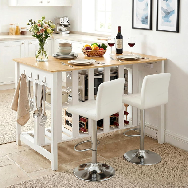 Kitchen Island With Power Outlets, 47 Inches Width Kitchen Shelf With Large Worktop, Wooden Island Counter With Shelves, 2 Drawers, And 4 Hooks For Living Room, White And Natural