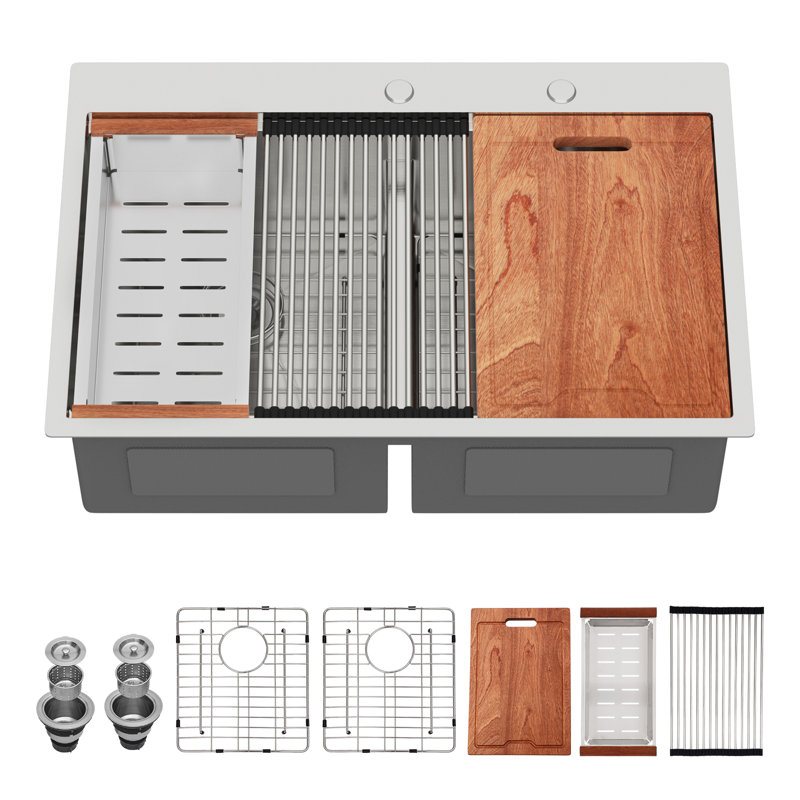 33'' L Drop-In Kitchen Sink 50/50 Short Height Divider Double Bowl 16 Gauge Stainless Steel Workstation Sink with Accessories
