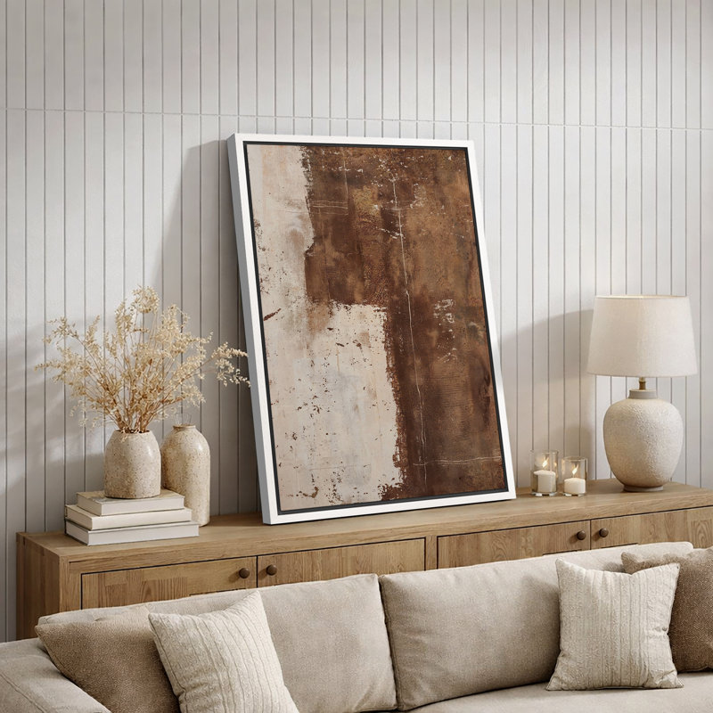 Style Mid-Century brun foncé, formes abstraites neutres, grand cadre rustique, décor minimaliste M20, H 36 po x l 24 po