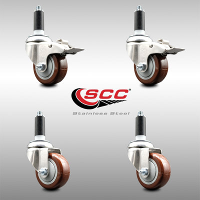 3 Inch 316SS Maroon Poly Swivel 1-1/8 Inch Stem Caster Set 2 Lock Brake SCC