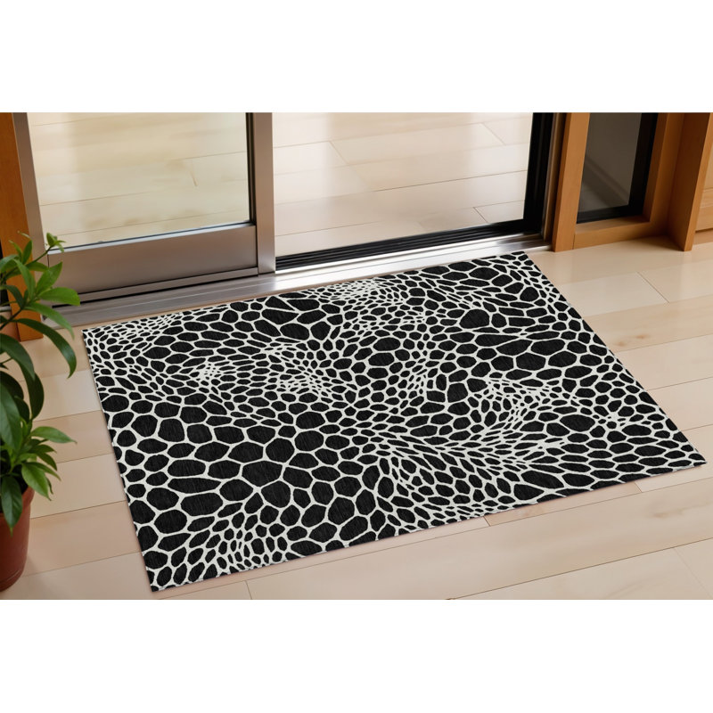 3' X 5' Black And Ivory Geometric Washable Indoor Outdoor Area Rug