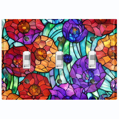 Metal Light Switch Plate Outlet Cover (Colorful Flower Tile Glass Print - Triple Toggle)