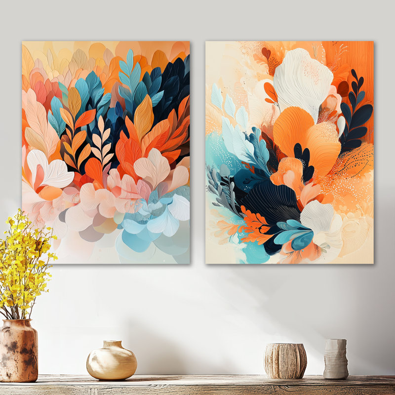 «Botanical Orange Palm Dream Fragments I», ensemble de 2 reproductions d'art murales modernes en métal, 32" H x 48" W