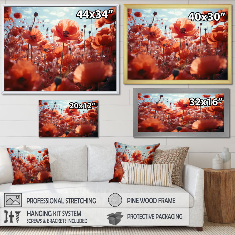 Fleurs rouges et bleues dansant coquelicots I - impression, Toile tendue, 12" H x 20" W