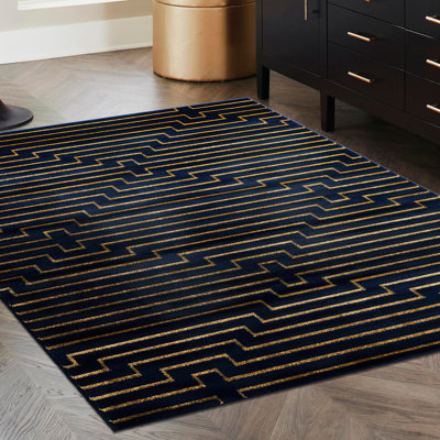 Latitude Run® Mirage Nikica Rug Navy Blue and Gold
