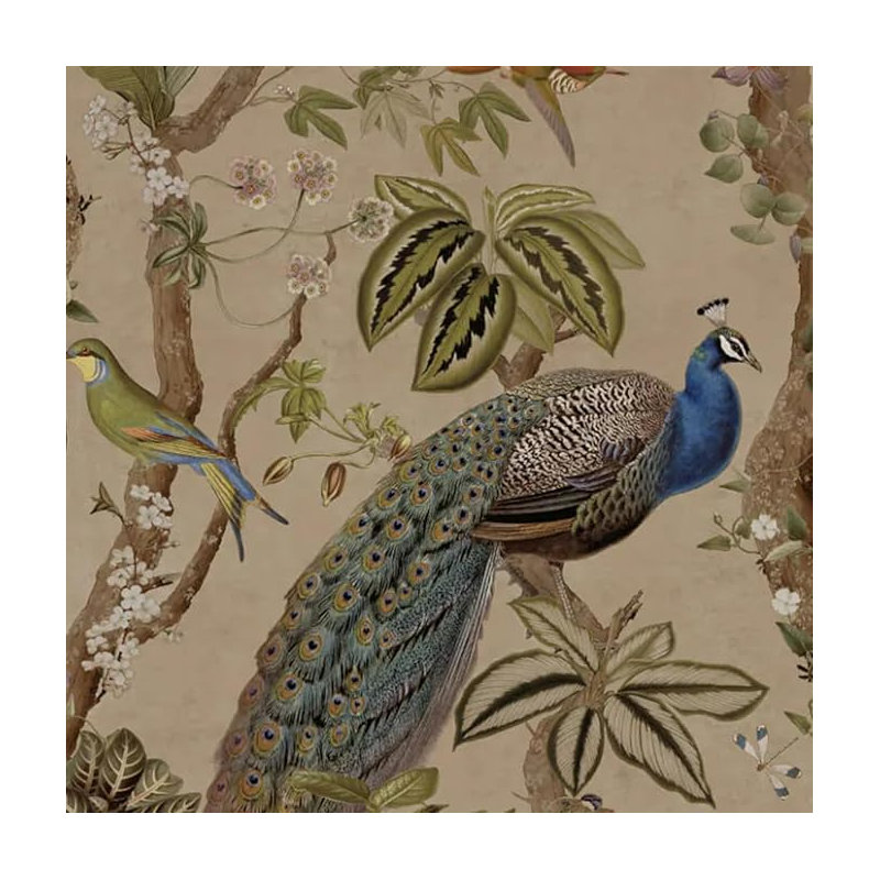 Lancashire Textiles Wallpaper 0.53M X 10.05M Taupe Peacock Design Woods Roll