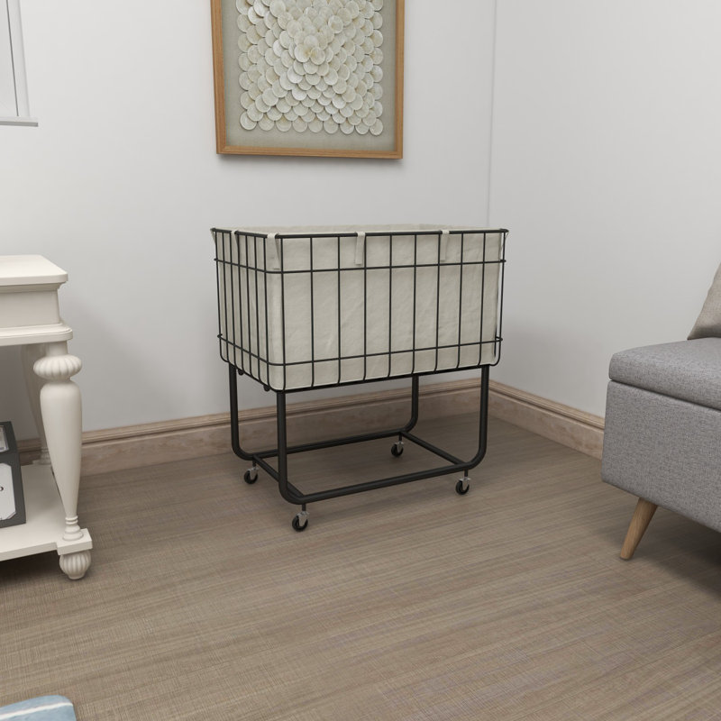 Black Metal Wire Basket Storage Cart with Wheels and Fabric Lining