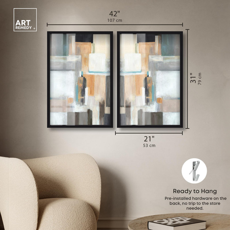 Ensemble de tableaux-cadres « Shadowbox » avec tranches découpées, collection d'art mural moderne par Art Remedy, cadre blond, 36 x 54